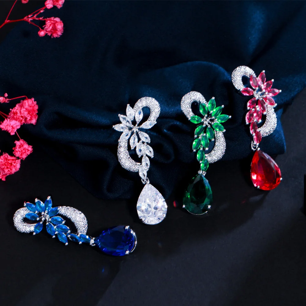 CWWZircons Brand Unique Design Silver Color Luxury Cubic Zircon Flower Drop Stones Long Royal Blue Earrings for Women CZ234 image 6