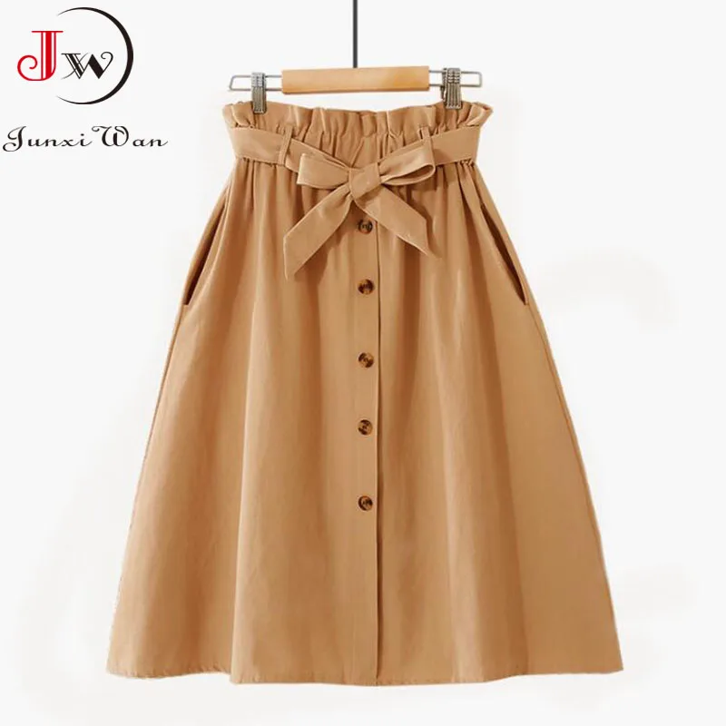 Women Casual Cotton Skirts Spring Summer Korean Style Solid Elegant High Waist Single-Breasted Bow Lace Up A-Line Midi Skir