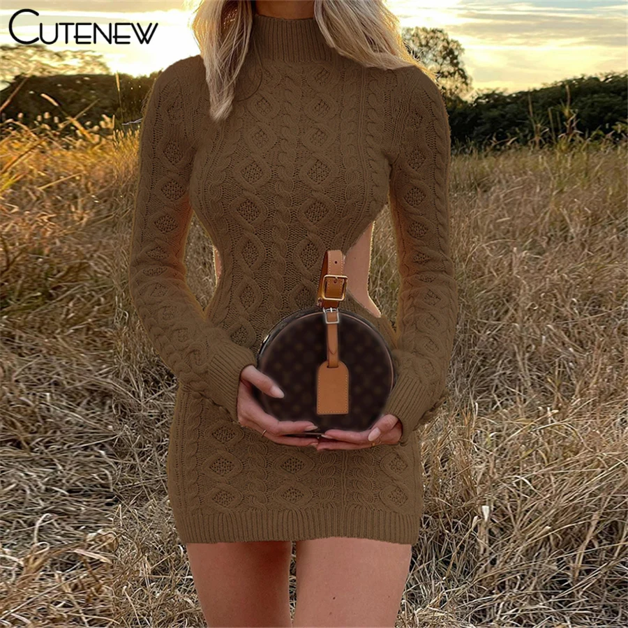 Cutenew Knitting Sexy Backless manica lunga dolcevita aderente Mini abito donna autunno solido Casual morbido elastico Lady Streetwear