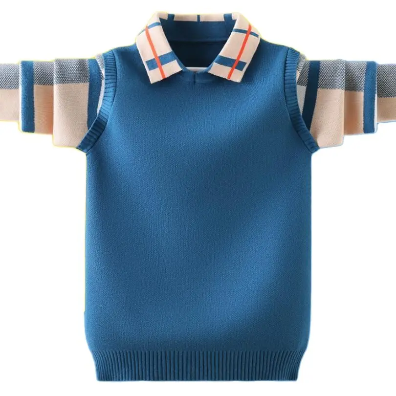 

boys sweater knitwear big kids soft 100% cotton comfortable teenage turn-down collar patchwork sleeve sweater bottoming shirt