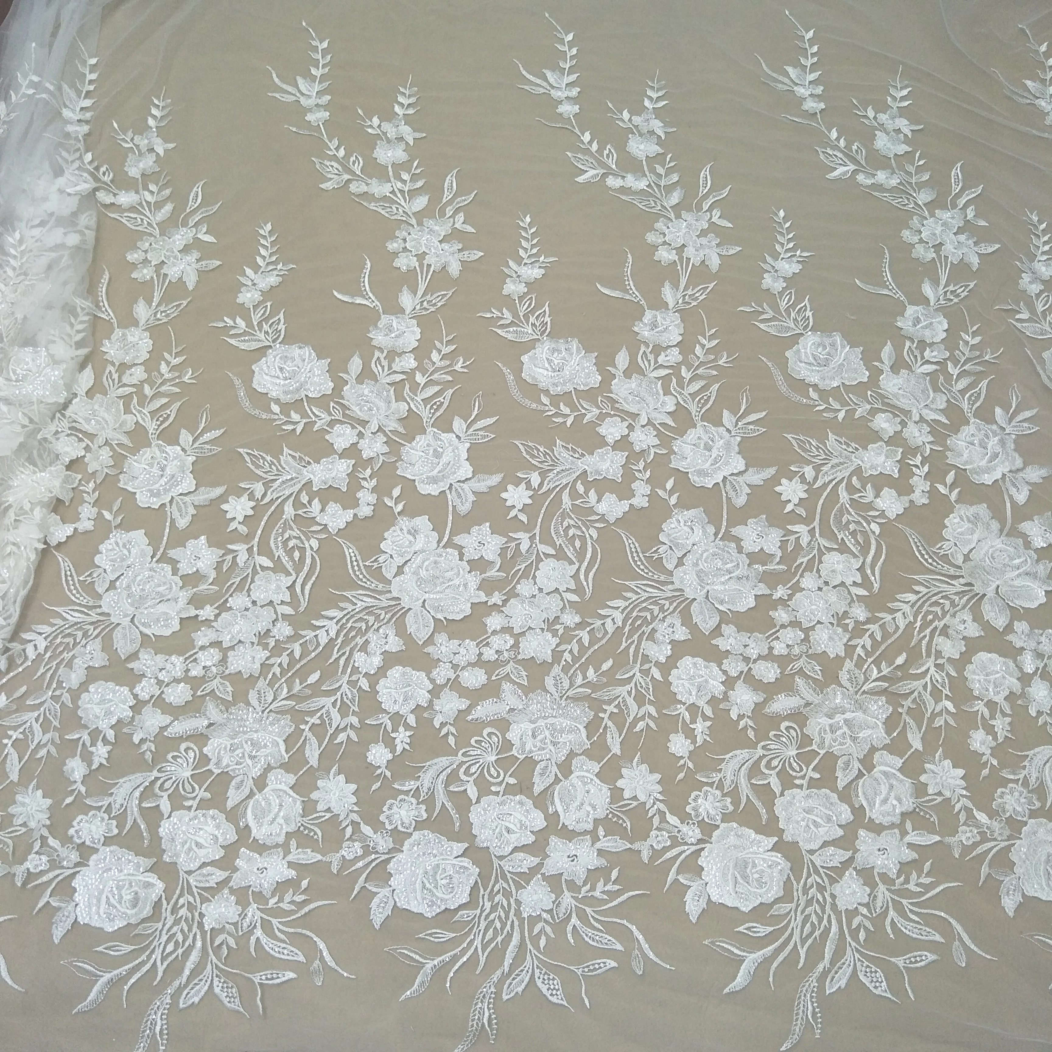 Lvory rose flower bridal wedding gown dress lace fabric 130cm width embroidery lace sell by yard