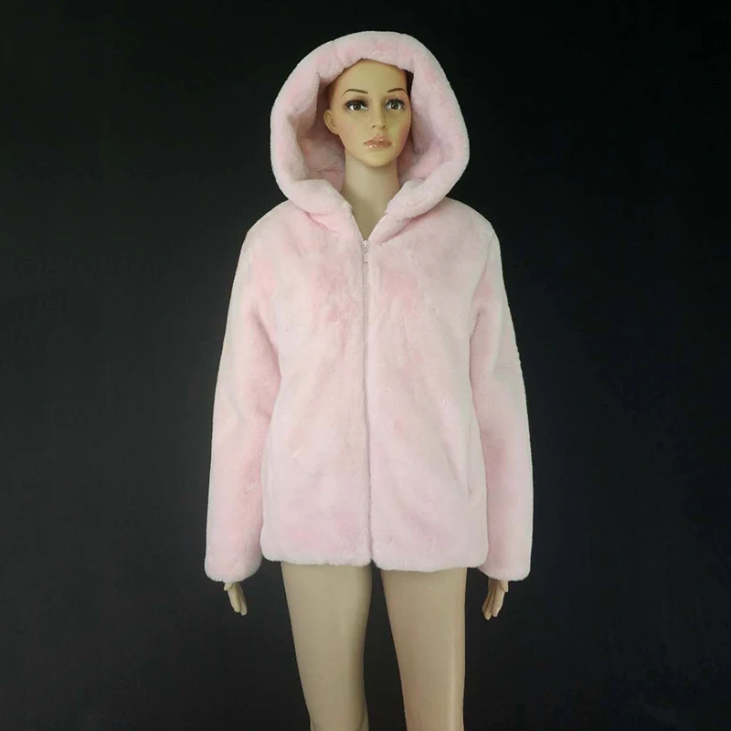 Winter Coat Female Faux Fur Jacket Fashion Elegant Pink Top Long Sleeve Hooded Faux Fur Warm Women's Winter Coat