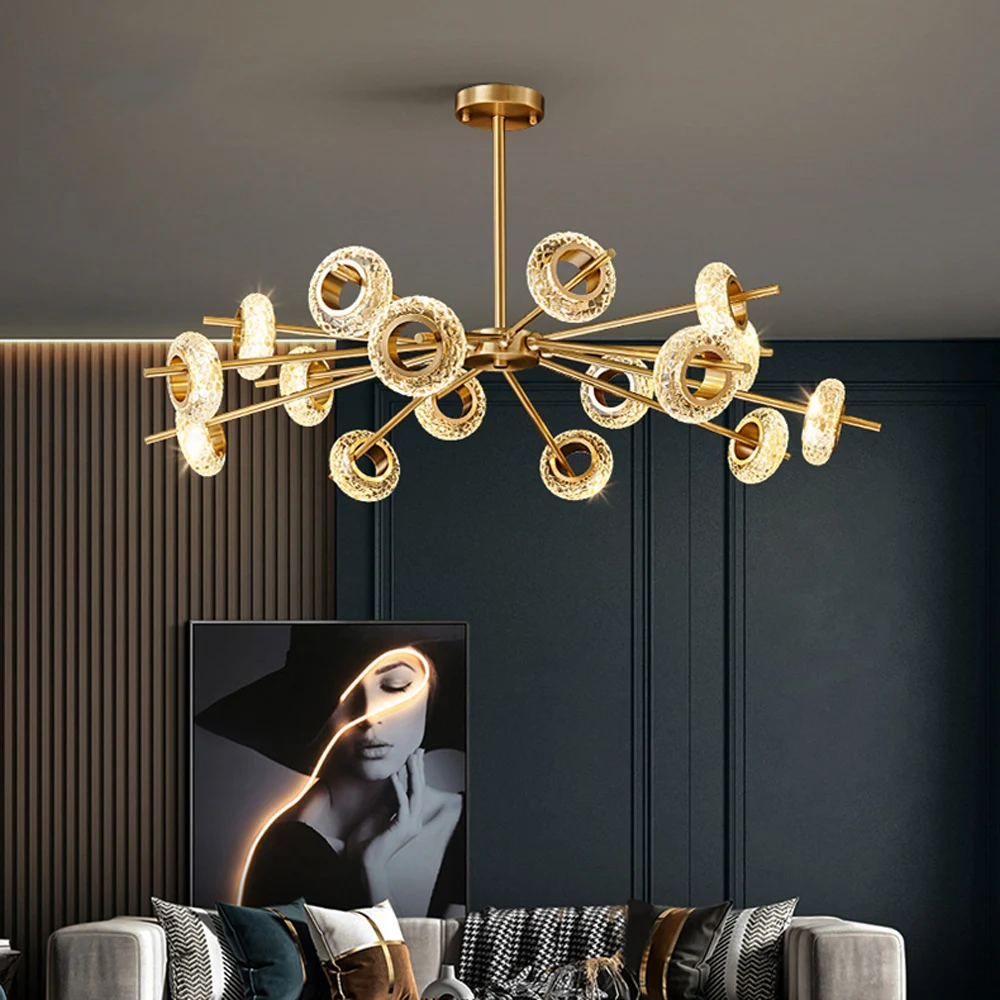 Modern Copper LED Chandelier Elegant Ice Crack Crystal Dining Room Pendant Ceiling Fixture