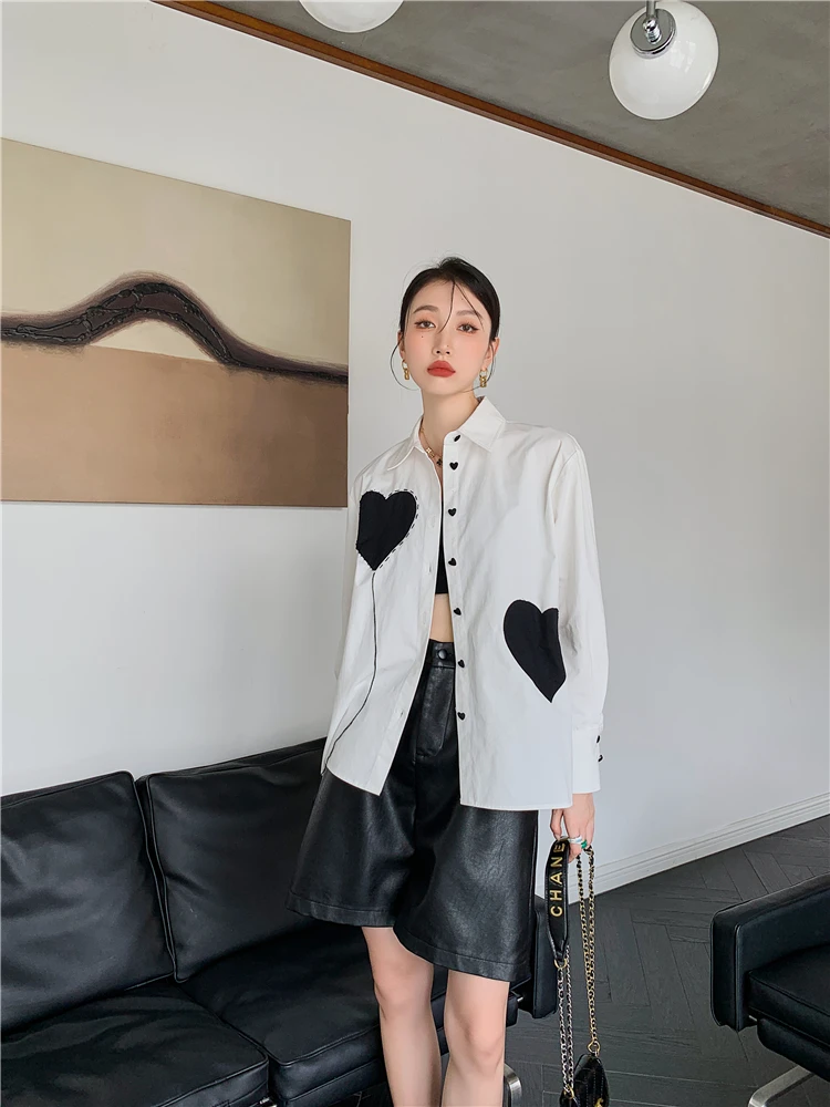 CHEERART Heart White Button Up Shirt For Women Fall Fashion Long Sleeve Designer Top And Bloues 2021 Collared Shirt Clothing