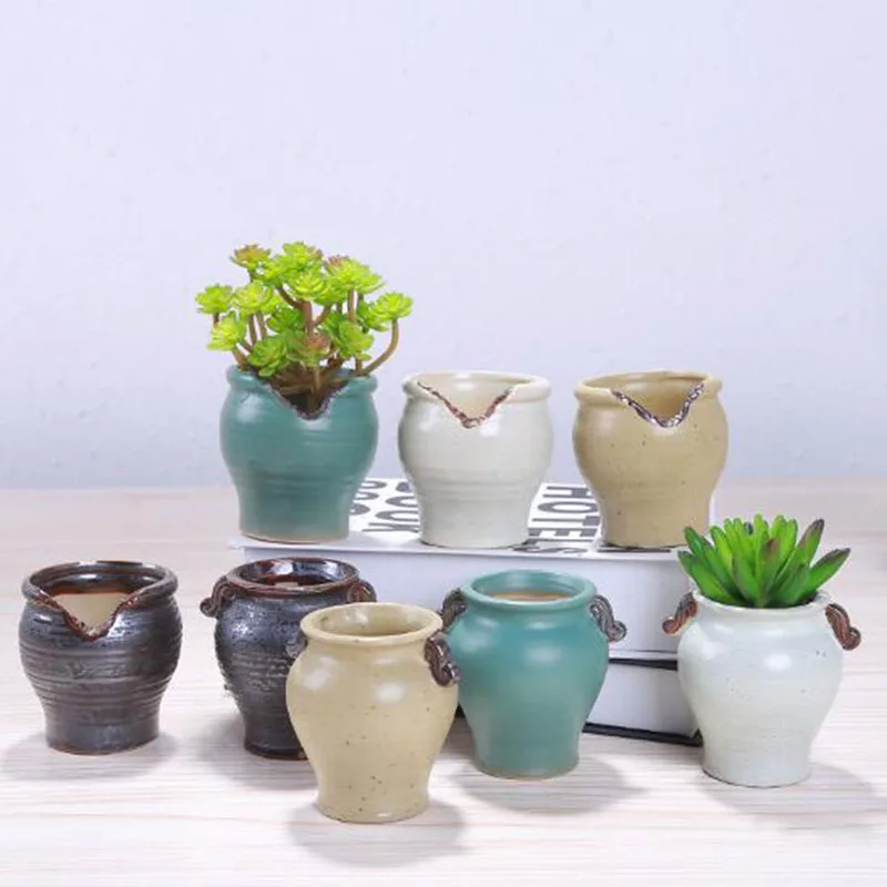 New Style Succulent Plants Ceramic Pot Plain Color Retro Breathable Flowepot Bonsai Planter Pot Home Garden Decor