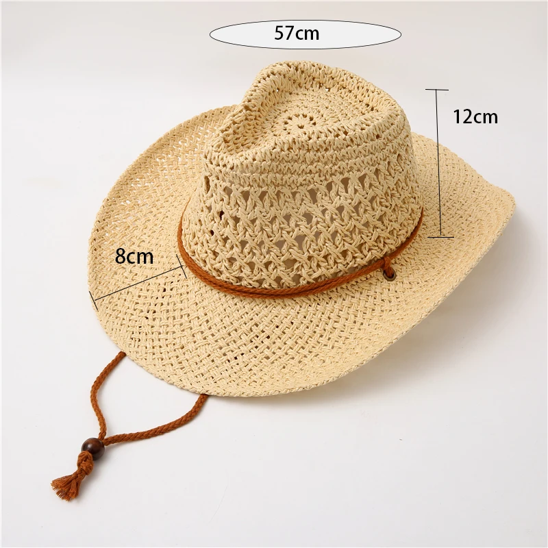 2021New Fashion Summer Men Women Panama Cowboy Hats Hollow Out Straw Hat Leather Ribbon Large Brim Sun Beach Hat Jazz Cap Fedora