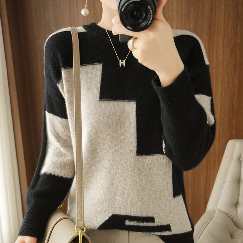 Autumn And Winter New 100% Pure Wool Women\'s Round Neck Pullover Top Loose Fashion Warm And Comfortable Knitted Elegant Sweater