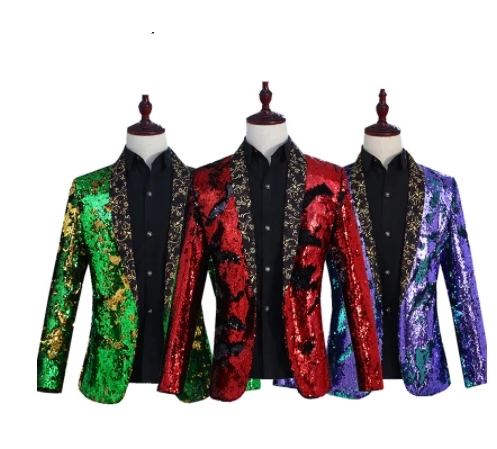 

High-end Men's Flipping Sequins Suit Jackets 6 Colors Fashion Blazer Nightclub Bar DJ Singer Prom Host Tide Outerwear Costumes