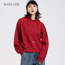 WAVLATII Women New Short Style Hoodies Lady Yellow Khaki Embroidery Terry Hooded Sweatshirts Female Spring Autumn Tops WH2108