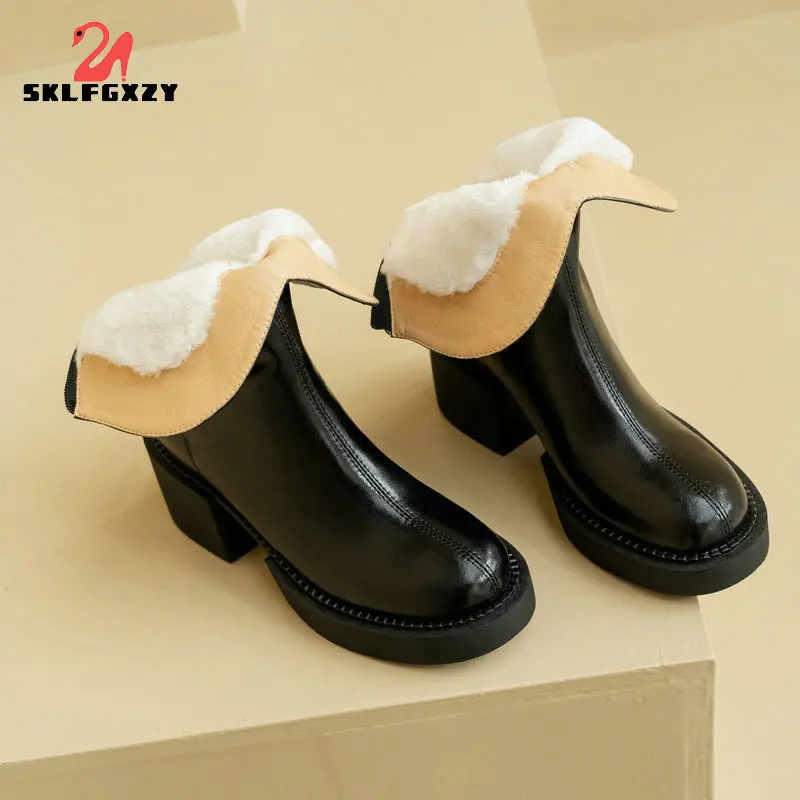 

2022 New Winter Snow Boots Women Warm 100% Wool Fur Shoes Fashion Natural Genuine Leather Platform High (5cm-8cm) Chelsea Boots