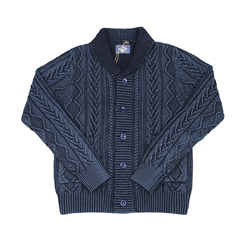 BOB DONG Shawl Collar Indigo Cotton Cardigan Jacquard Pattern Sweater For Men