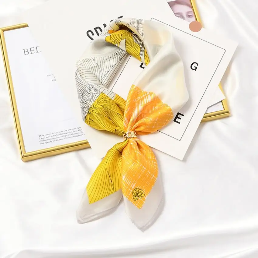 

Women Pure Silk Neck Scarf Hair Band Foulard Square Small Headband 2021 Flower Print Neckerchief Scarves Bandana 53*53cm
