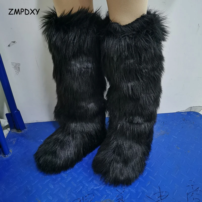 New Designer Winter Women High Tube Boots Warm Fluffy Fake Fur Snow Boots Ladies Colorful Cotton Shoes Plush Furry Snow Boots