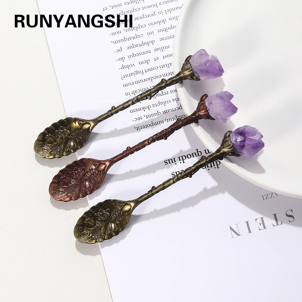 Runyangshi 1pc Natural Amethyst Cluster Teaspoon Energy Crystal Tooth Flower Gem Sweetmeats Spoon Decorate Gift