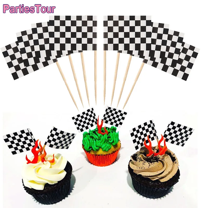 48 Stück karierte schwarz-weiße Racing-Stick-Flagge, 100 Stück karierte Backförmchen, Cupcake für Rennwagen, Party, Geburtstag, Dekorationen – Detail 3