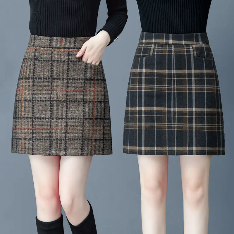 Tartan Skirt Short Skirt Autumn and Winter 2024 Large Woolen a Word Female Woman Skirts Mujer Faldas Saias Mulher