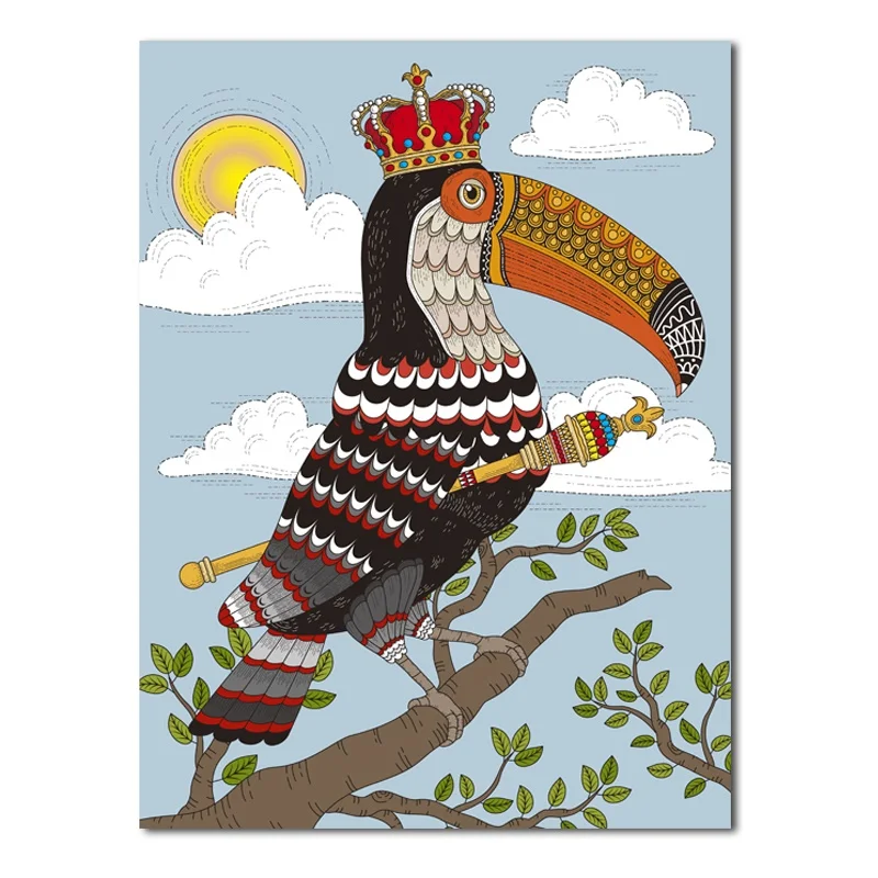 Creative Cartoon Animals Poster - Colored Anthropomorphic Parrot Goldfish Frog Fairy Tale Canvas Art for Kids Room Nursery Decor