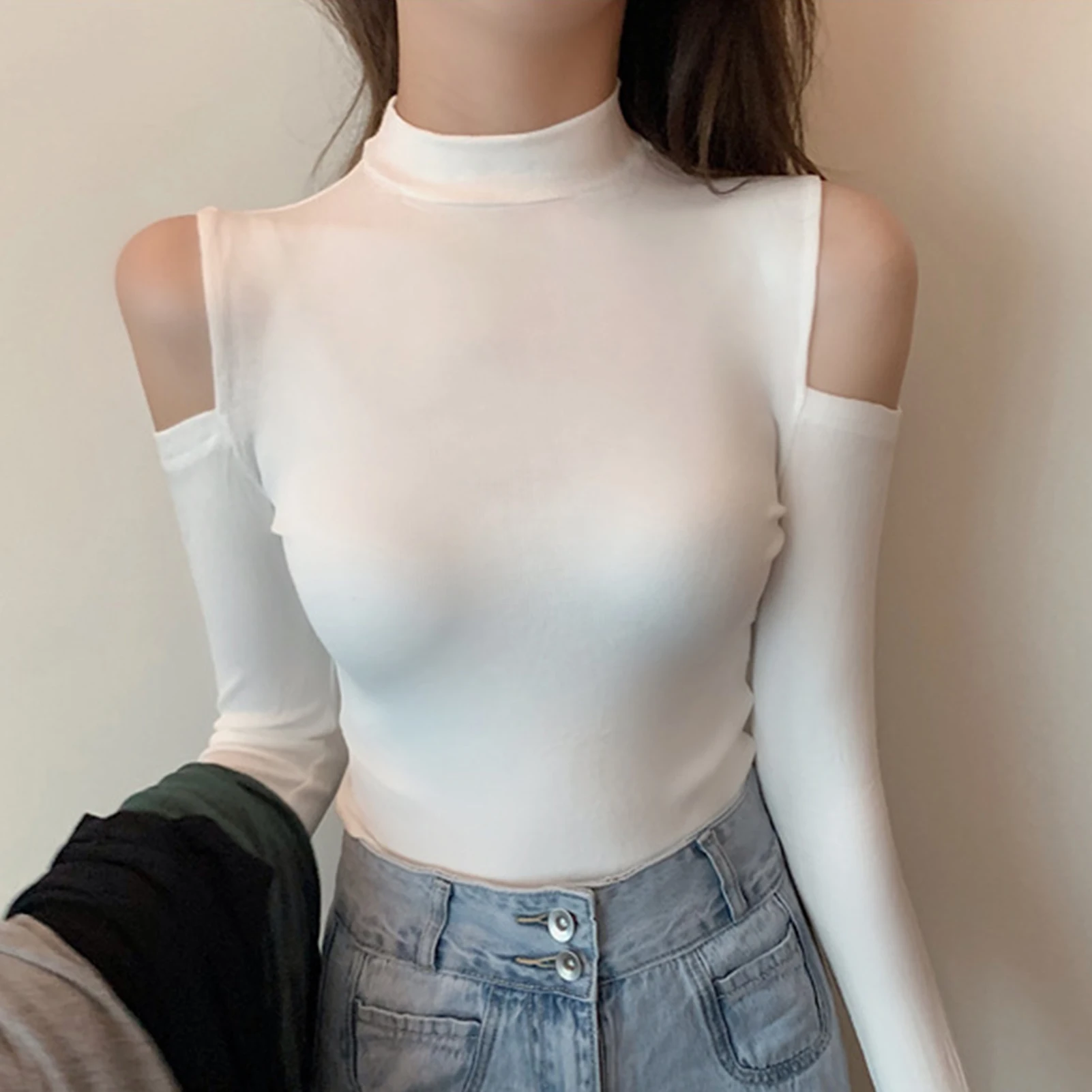 T-shirt Women 2021 Solid Color Cold Shoulder Long Sleeve Skinny T Shirt Mock Neck Slim fit Tshirt