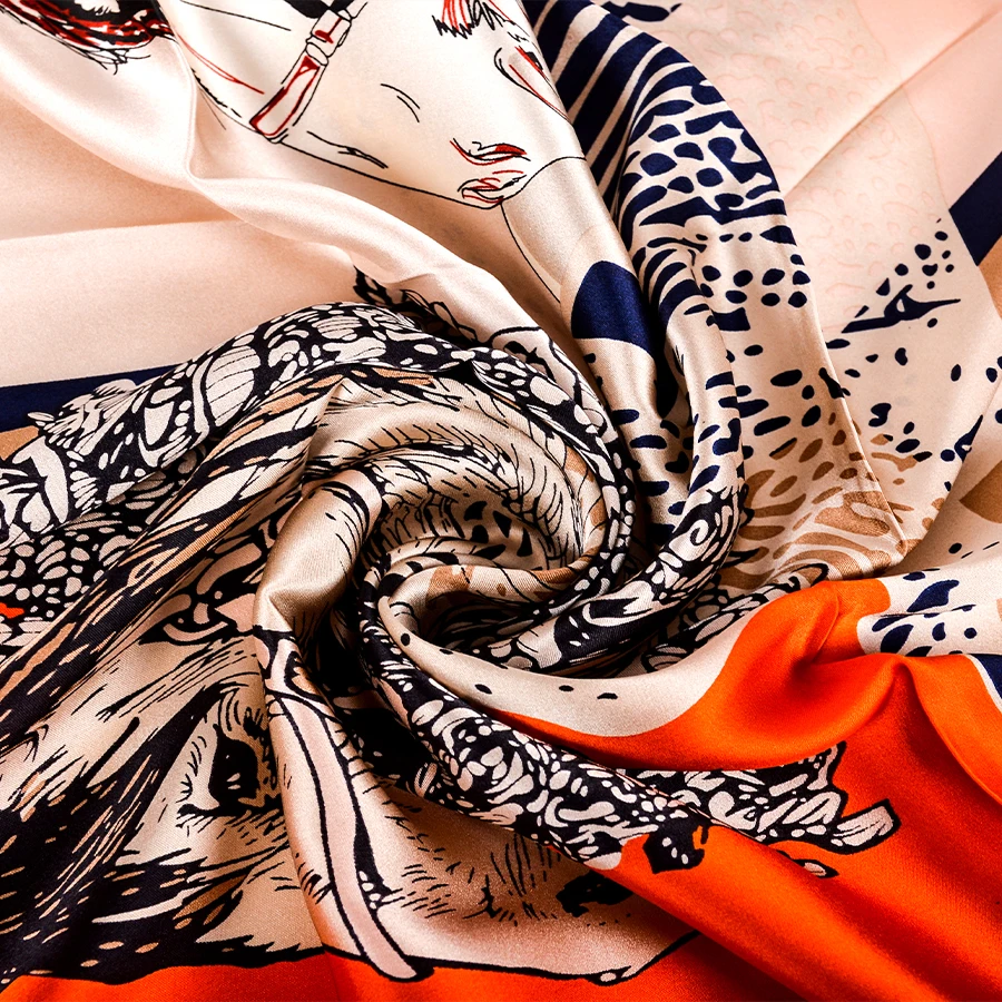 BYSIFA| 2020 New Orange Square Scarves Fashion Horse Design Ladies 100% Silk Scarf Shawl Printed 90*90cm Fall Winter Neck Scarf