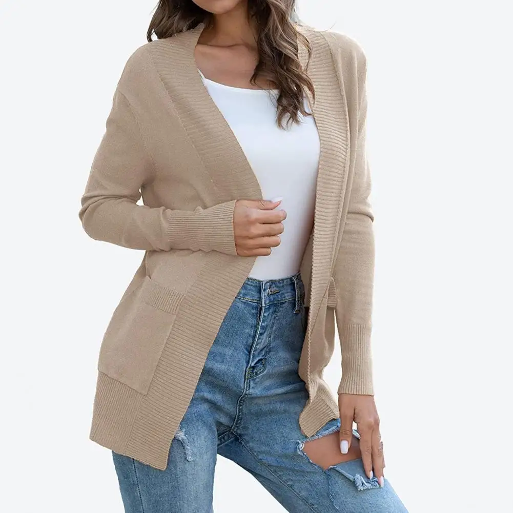 Women Coat Solid Color Simple Knitted Great Stitching Autumn Sweater Cardigan for Daily Wear