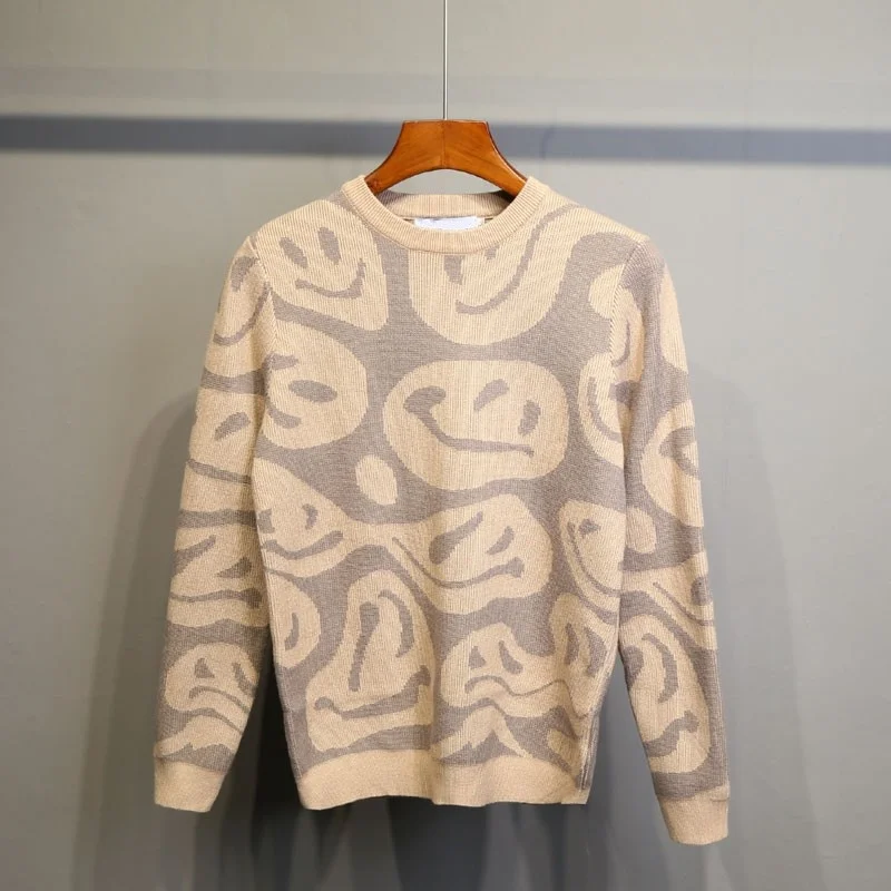 

Winter Autumn New Fashion Mens Printing Design Slim O-Neck Classic High Street Korean Style Casual Vintage Pullover Sweater