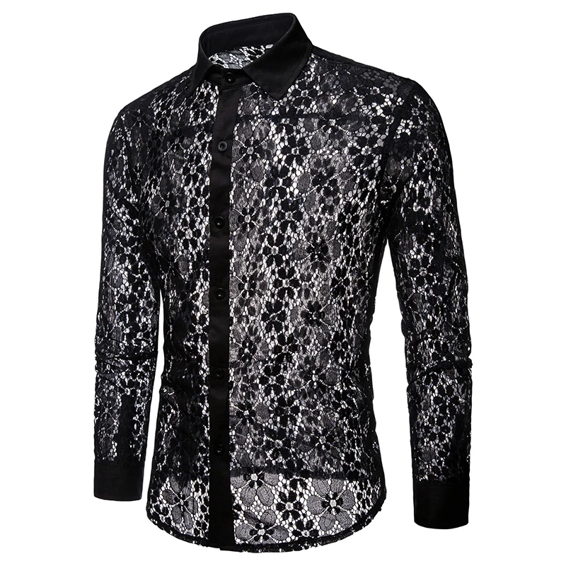 Black White Lace Dress Shirt Men Fashion Harajuku Transparent Sexy Club Party Prom Luxury Casual Men Long Sleeve Tuxedo Shirt