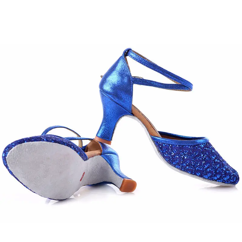 Saltos altos fechados Toe Glitter para mulheres, sapatos de dança de salão, senhoras adultas, latim, salsa, tango, azul, preto, 5 cm, 7cm, festa