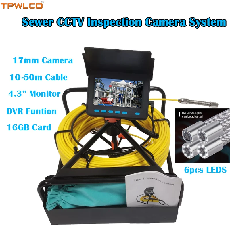 

Endoscope Camera 17mm 4.3inch Monitor 10-50m Cable Sewer CCTV Inspection Camera System With DVR 16GB SD Card IP68 Waterproof