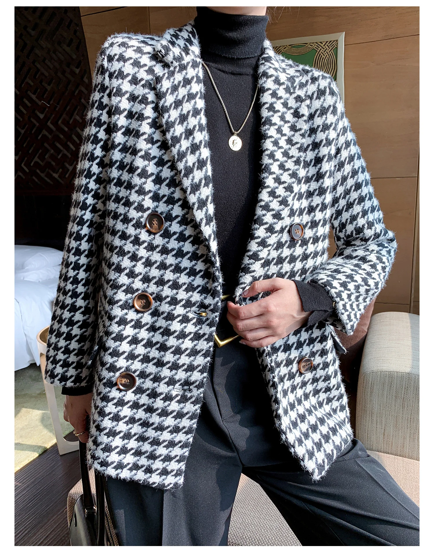 Houndstooth waist small suit jacket female 2021 autumn and winter thick cashmere woolen suit British style Korean style