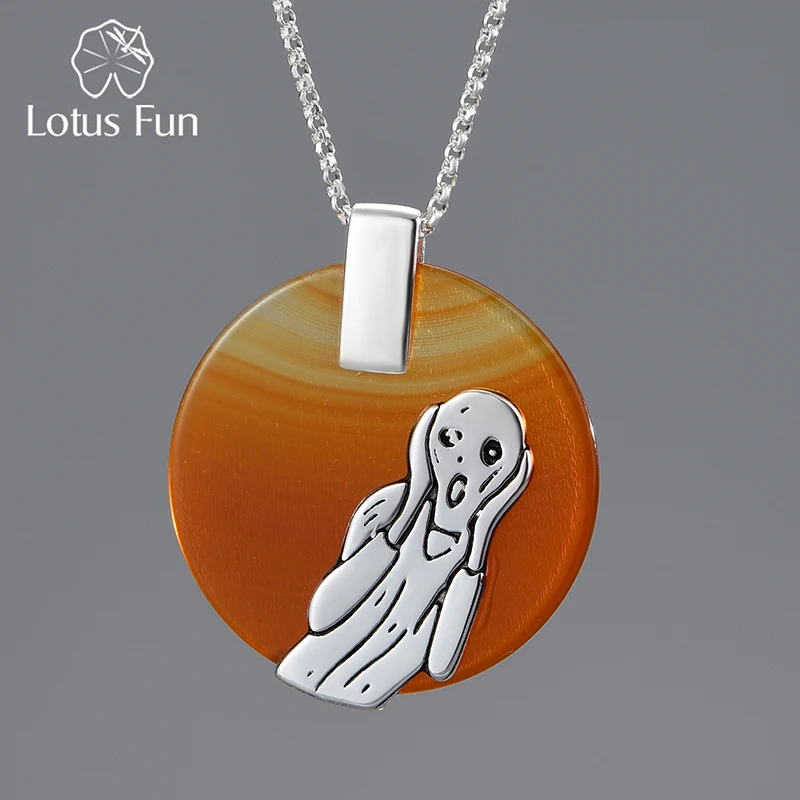 Lotus Fun Real 925 Sterling Silver Natural Agate Handmade Fine Jewelry The Scream Painting Pendant without Necklace for Women