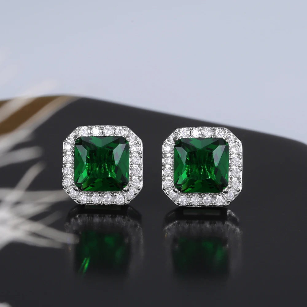 Huitan Ohrstecker mit rechteckigem/quadratischem grünem kubischem Zirkon für Damen, elegante Party-Accessoires, Jahrestagsgeschenk, zeitlose Damen-Ohrringe – Detail 13