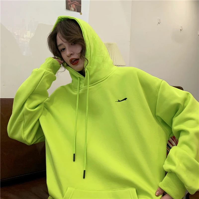 Spring Casual Loose Boyfriend Fluorescent Green Hoodies Women 2021 Hoodies Neon Green Print Jackets Long Pullovers Streetwear