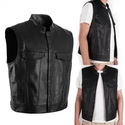 Stand Collar Sleeveless Men Waistcoat Faux Leather Buttons Closure Pockets Motorcycle Jacket Vest Male Clothes jaqueta masculina