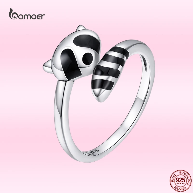 Bamoer Genuine 925 Sterling Silver Cute Little Raccoon Ring for Women Vivid Animal Shape Ring Exquisite birthday Jewelry Gift