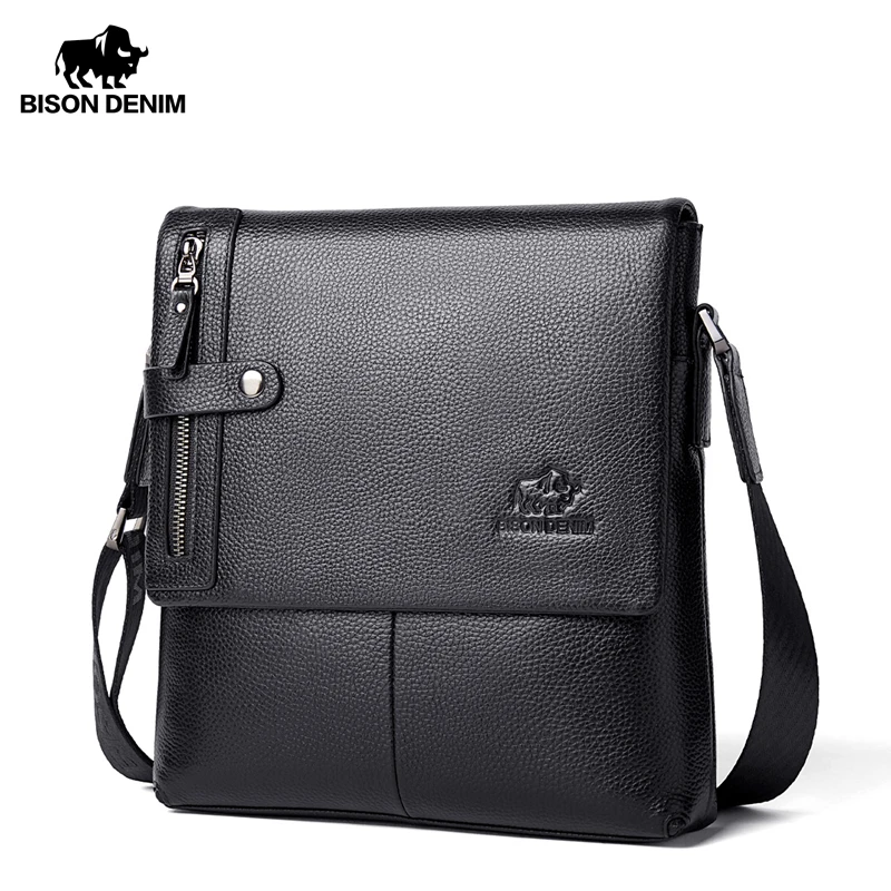 BISON DENIM-Bolsa de Ombro de Couro Genuíno para Homens, Bolsa Mensageiro Empresarial, Bolsa Crossbody de Viagem, iPad e Negócios, N20217