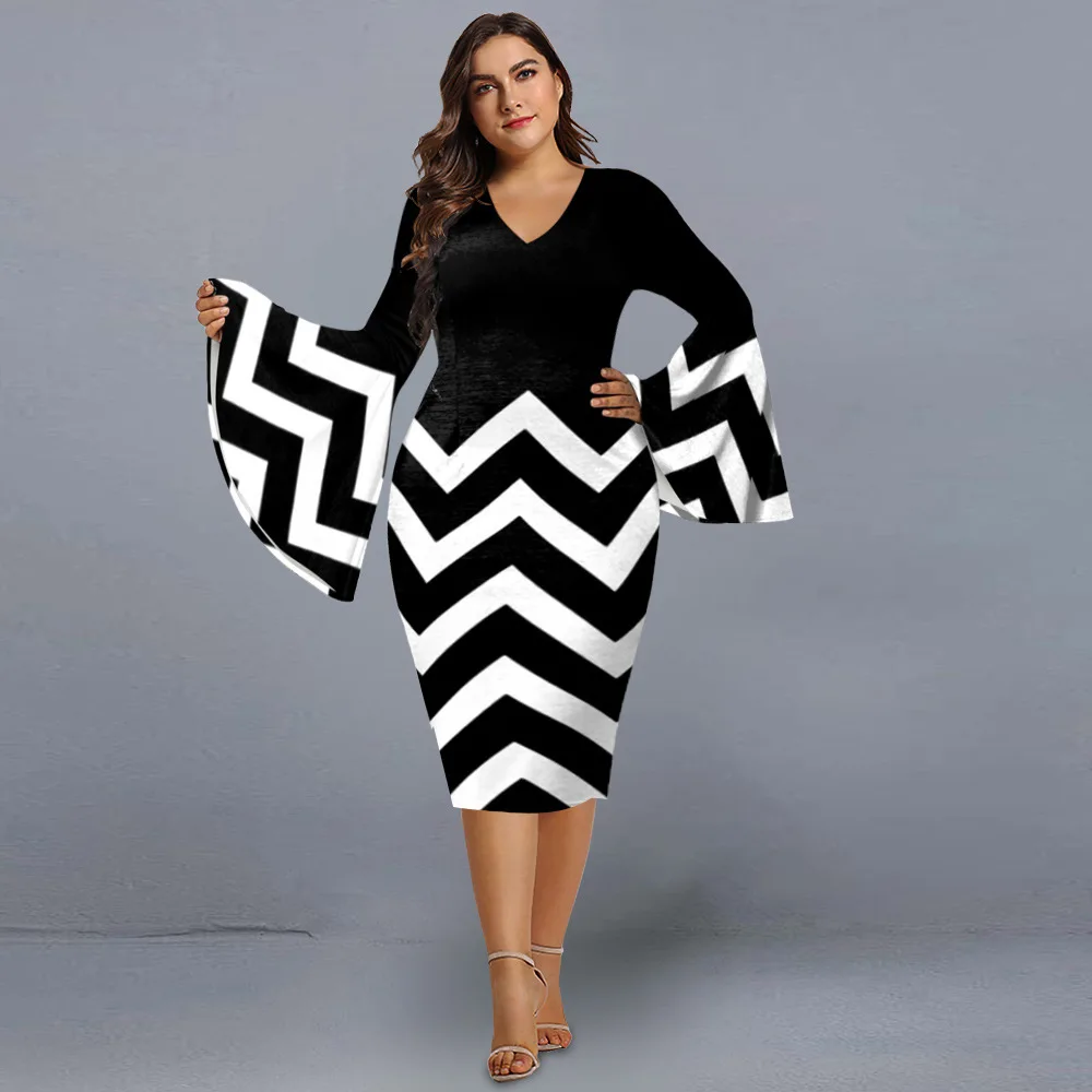 Plus Size Dresses for 2022 Elegant Geometric Print Evening Party Dress V Neck Flare Sleeve Club Outfits Women\'s Clothing