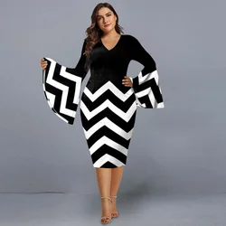 Plus Size Dresses for 2022 Elegant Geometric Print Evening Party Dress V Neck Flare Sleeve Club Outfits Women's Clothing