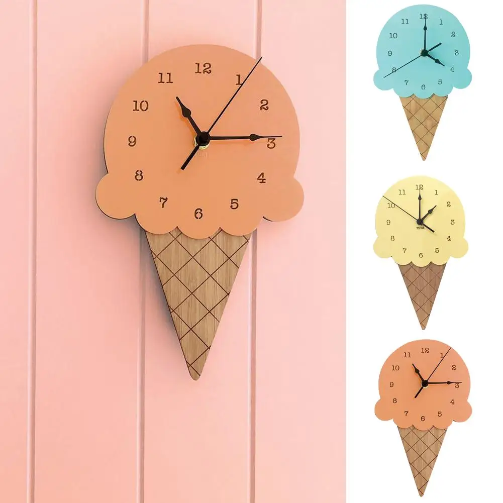 Nordic  Style Ice Cream Sharped Wall Hanging Clock Cartoon Silent Non-Ticking Battery Powered Home Living Room Office Decor