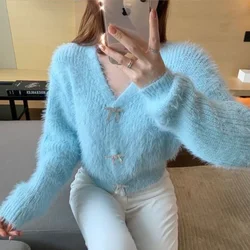 Luxury Glitter Rhinestone Bow Buttons Sweater Coat Mohair Knitted Cardigan Pearls Buckles V-Neck Mink Cashmere Knitwear Fur Tops