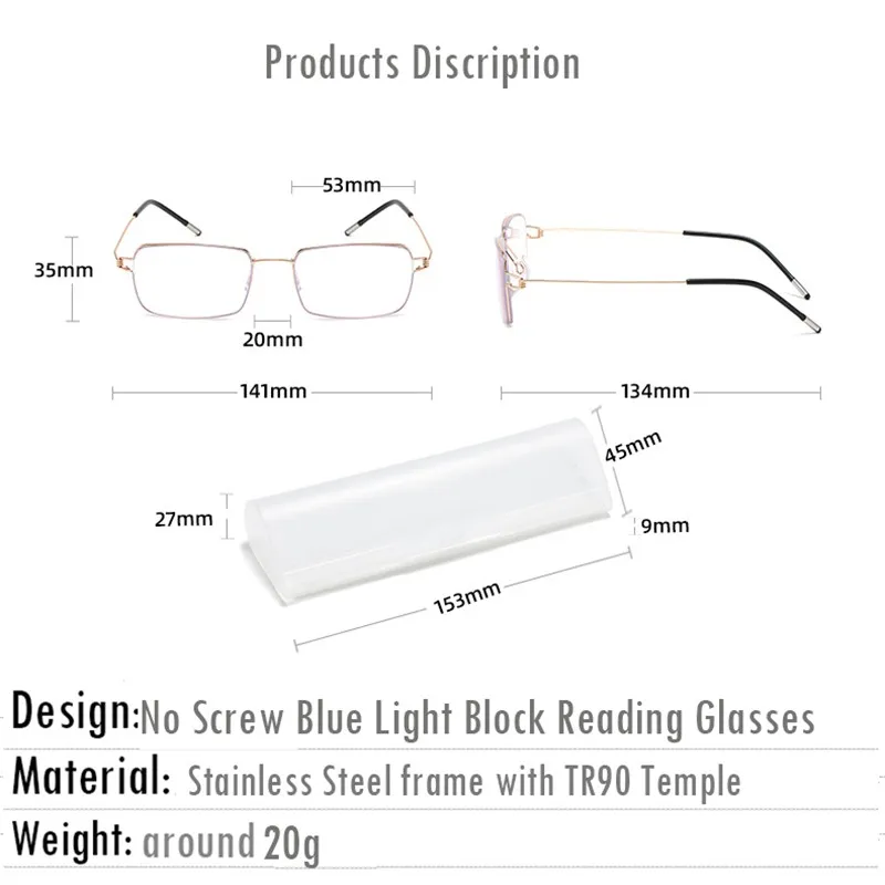手作りネジなし、はんだ付けなし、フレックスステンレス鋼ブルーライトブロッキング老眼鏡