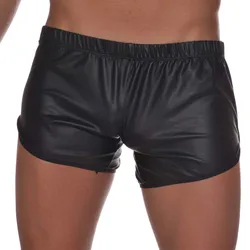 Faux Leather Men Shorts Black Sexy Tight Trousers with Back Pocket Casual Male Fashion Clothes Fitness Gyms Sport Thin Pants