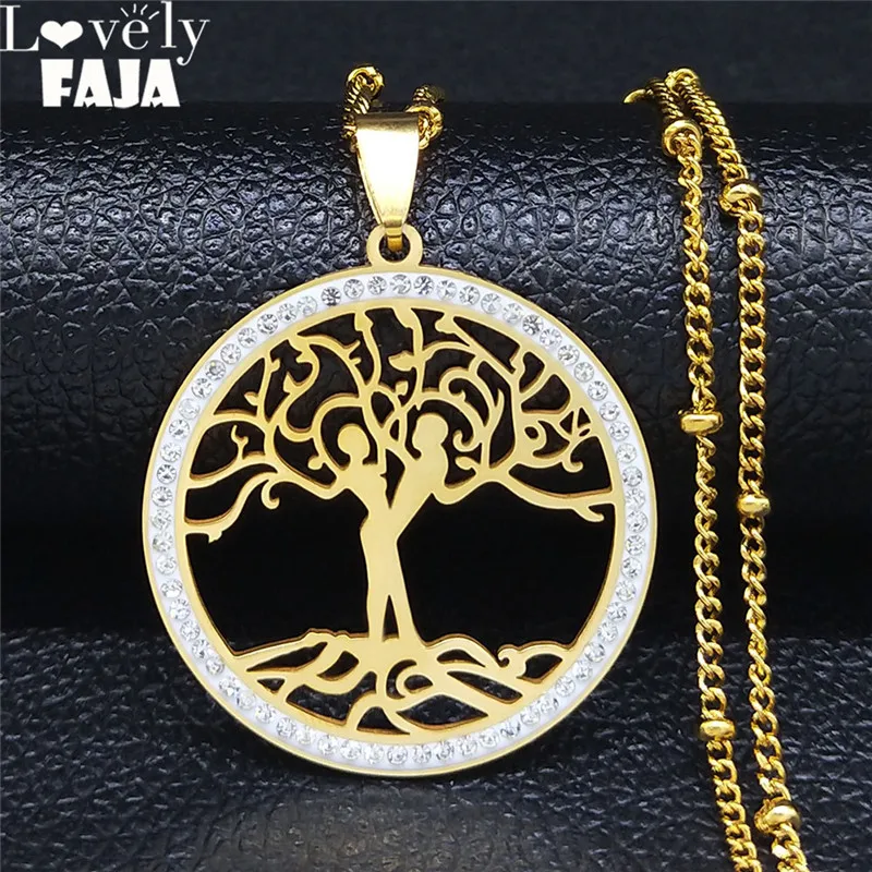 Women and Men Love Crystal Tree of Life Stainless Steel Women Gold Color Charm Necklace Jewelry Christma Gift bijoux femme N29