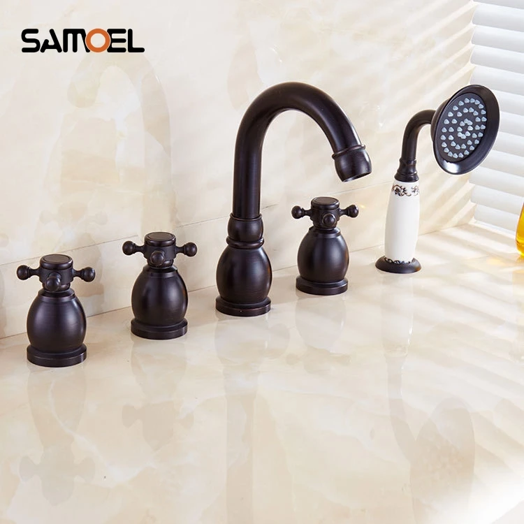 Black Five-piece Bathtub Faucet Full Five-hole Separation Split Bath Tub Hot and Cold Water Mixer with Hand Shower BF1041