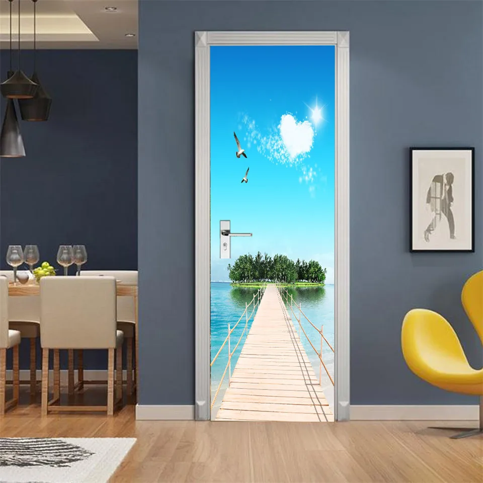 Beach Sun Self-adhesive Door Wallpaper 3D PVC Home Design Decoration Sticker Porte Scenery Poster Mural Wall Decals deursticker