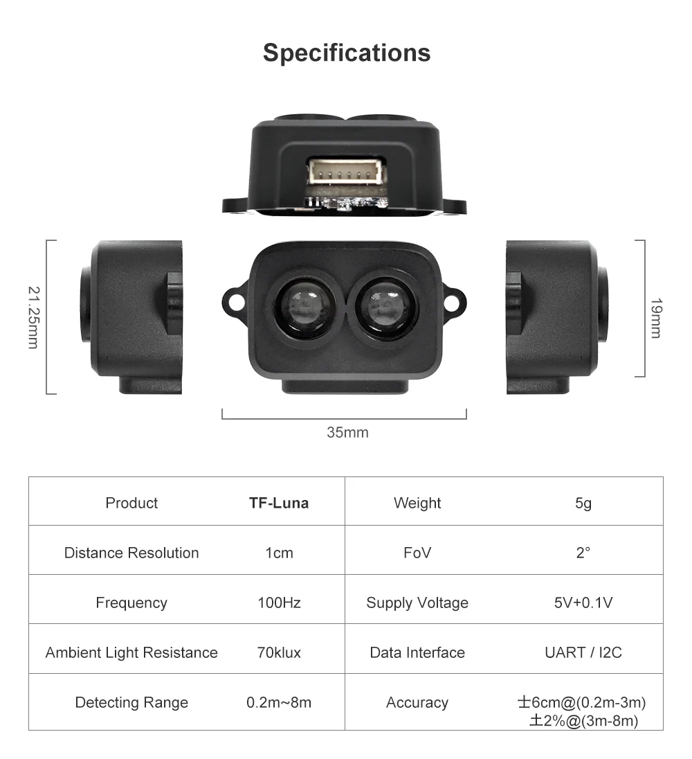 Smartfly Benewake TF-Luna Single point laser radar module small size, low power consumption light weight 5V UART IIC Interface