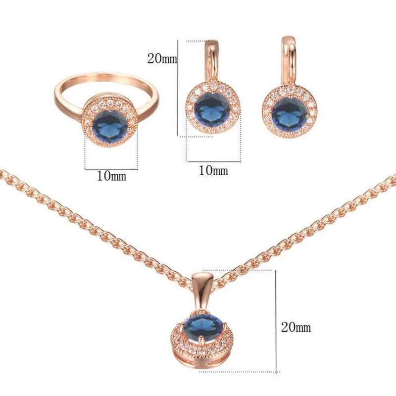 FJ Green/Blue/Pink Stone Women 585 Gold Rose Color Round Cubic Zircon Pendant Earrings Rings+Optional Necklace Chain