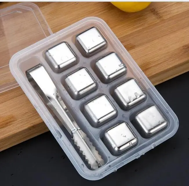 

70sets Stainless Steel Whisky Stones Ice Cubes Glacier Cooler Stone Whiskey Rocks 8pc ice cube +1pcs clip KTV Bar Tools#36410