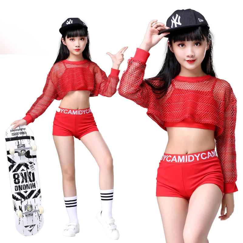 어린이 레드 재즈 댄스 의상 소녀 반짝이 Fishnet 커버 탑 스트레치 반바지 댄스 세트 힙합 현대 파티 무대 의상