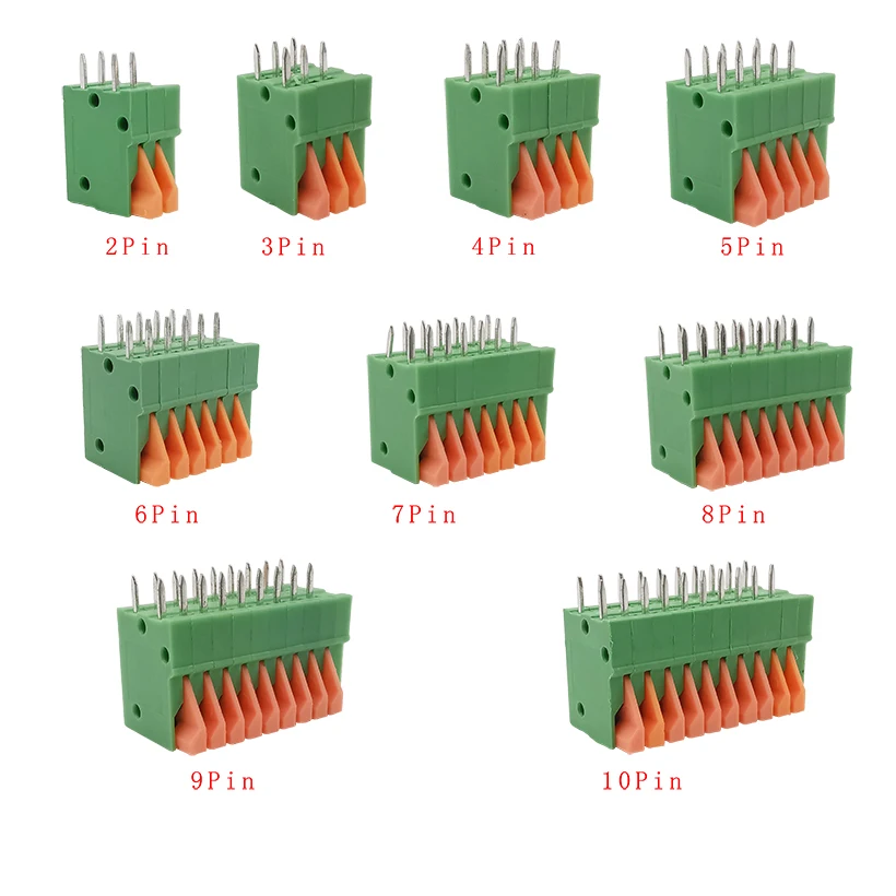 5Pcs KF141V 2.54mm Pitch Green PCB Bent Foot Connectors 2/3/4/5/6/7/8/9/10 Pin Spring Screwless Terminal Blocks