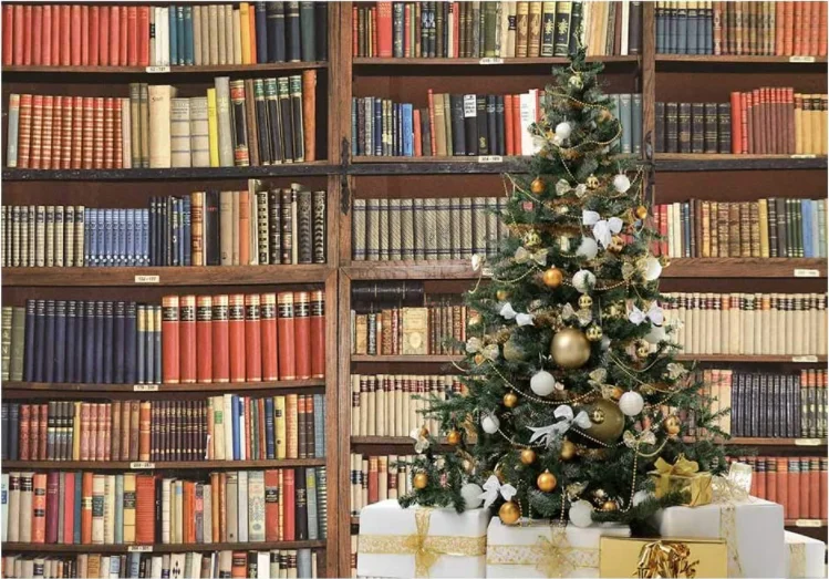 Christmas Bookshelf Photography Backdrop Merry Xmas Bookcase Tree Rustic Background Library Book Racks Boy Girl Party Decor